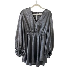 Sage The Label Charcoal Grey Leopard Jacquard Balloon Sleeve Mini Dress Medium